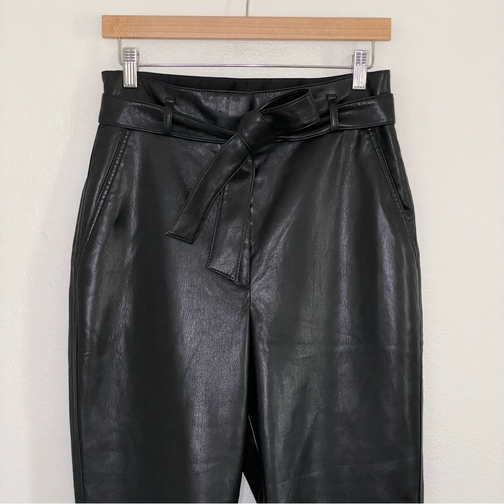 Aritzia Babaton Vegan Leather Belted Pant High Waist Tie Front Trouser Black 8 - Picture 9 of 16